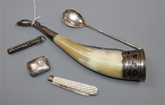 A late 19th century Russian 84 zolotnik spoon, a Soviet mounted horn vessel, two folding knives and a pill box.